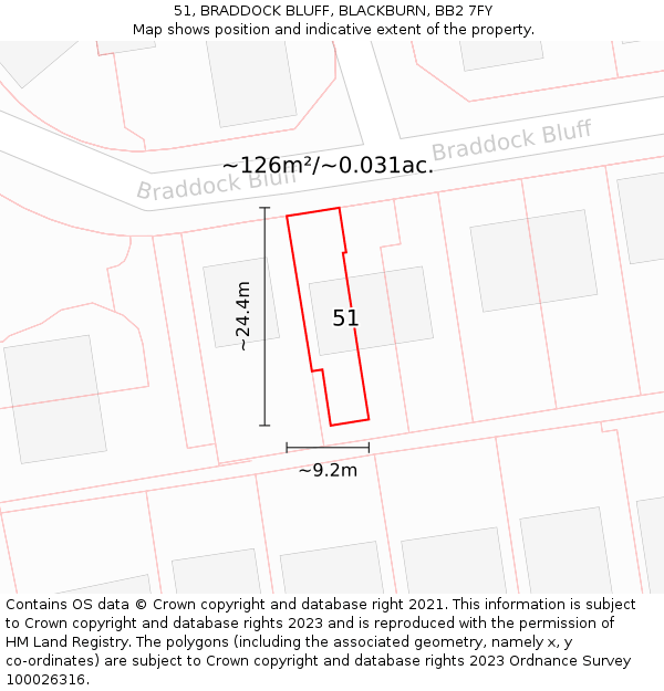51, BRADDOCK BLUFF, BLACKBURN, BB2 7FY: Plot and title map