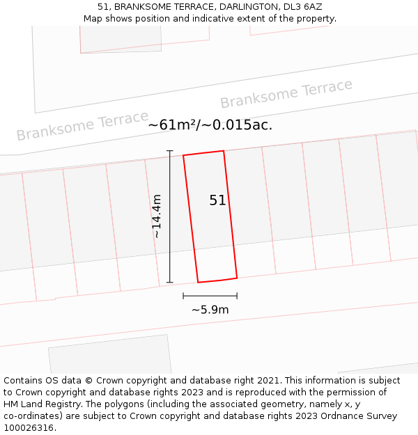 51, BRANKSOME TERRACE, DARLINGTON, DL3 6AZ: Plot and title map