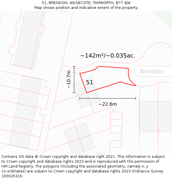 51, BRENDON, WILNECOTE, TAMWORTH, B77 4JW: Plot and title map