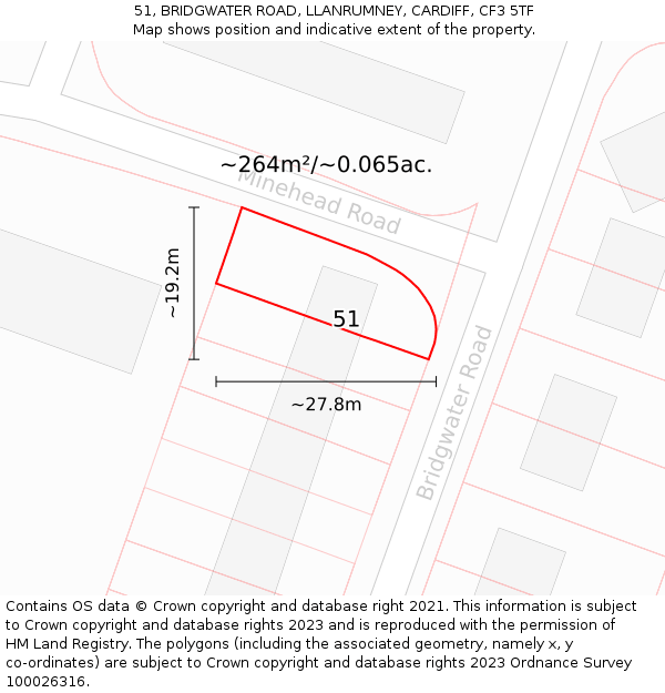 51, BRIDGWATER ROAD, LLANRUMNEY, CARDIFF, CF3 5TF: Plot and title map