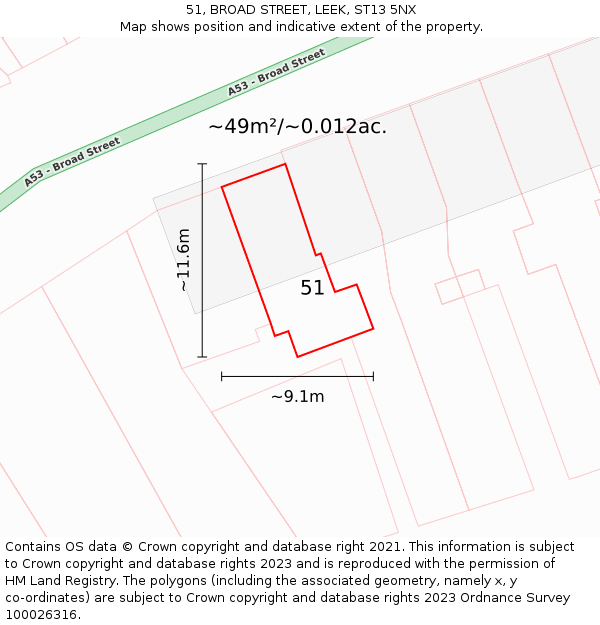 51, BROAD STREET, LEEK, ST13 5NX: Plot and title map