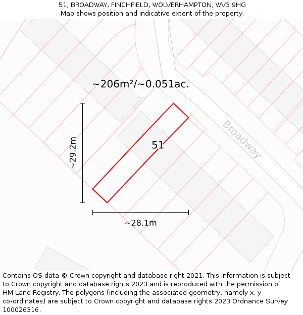 51, BROADWAY, FINCHFIELD, WOLVERHAMPTON, WV3 9HG: Plot and title map