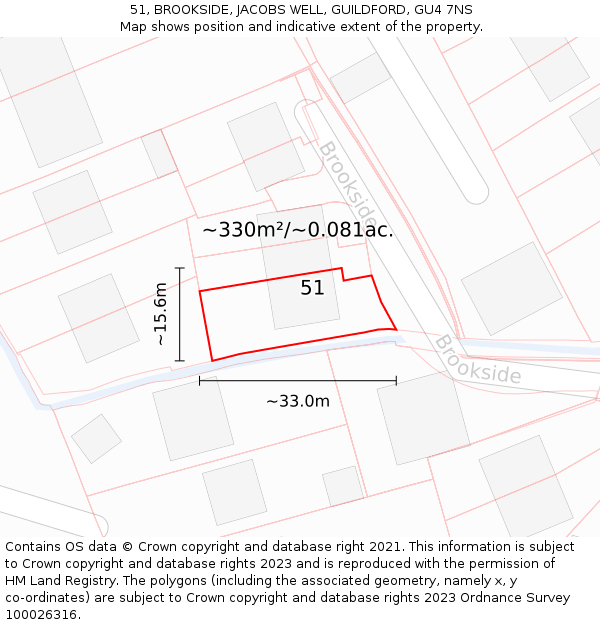 51, BROOKSIDE, JACOBS WELL, GUILDFORD, GU4 7NS: Plot and title map