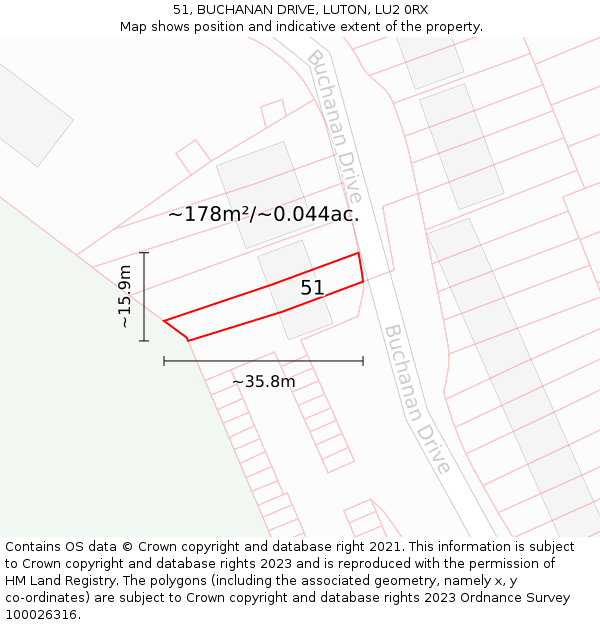 51, BUCHANAN DRIVE, LUTON, LU2 0RX: Plot and title map