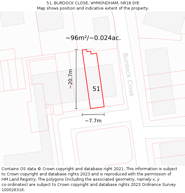 51, BURDOCK CLOSE, WYMONDHAM, NR18 0YE: Plot and title map