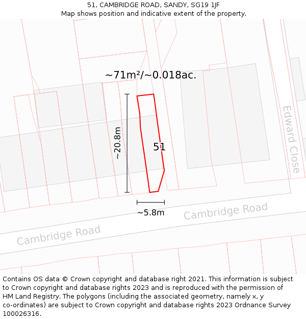 51, CAMBRIDGE ROAD, SANDY, SG19 1JF: Plot and title map