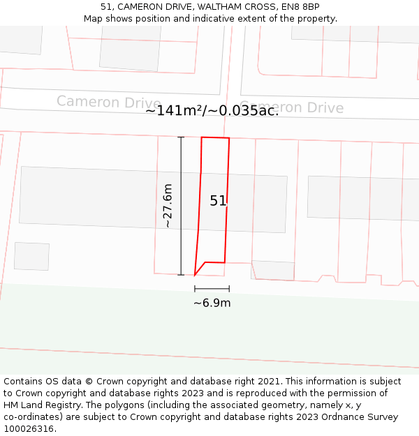 51, CAMERON DRIVE, WALTHAM CROSS, EN8 8BP: Plot and title map