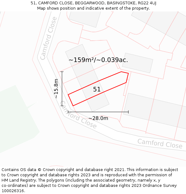 51, CAMFORD CLOSE, BEGGARWOOD, BASINGSTOKE, RG22 4UJ: Plot and title map