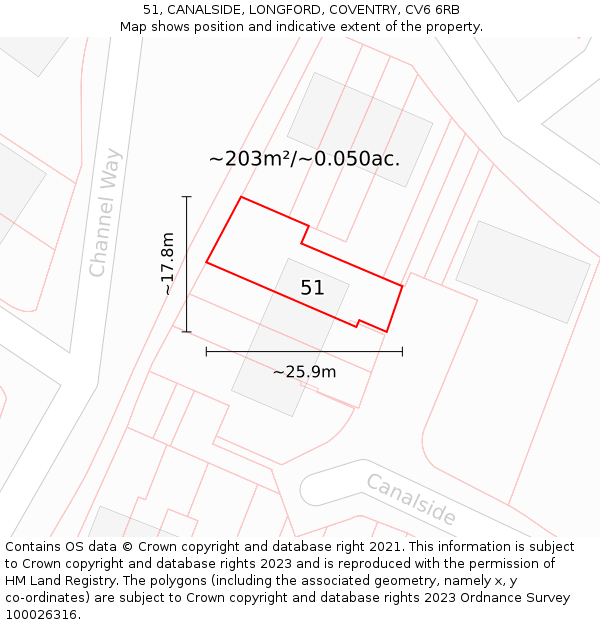 51, CANALSIDE, LONGFORD, COVENTRY, CV6 6RB: Plot and title map