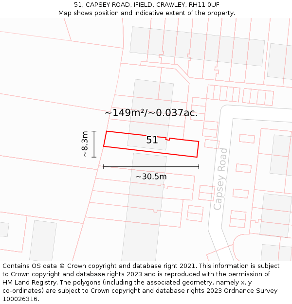 51, CAPSEY ROAD, IFIELD, CRAWLEY, RH11 0UF: Plot and title map