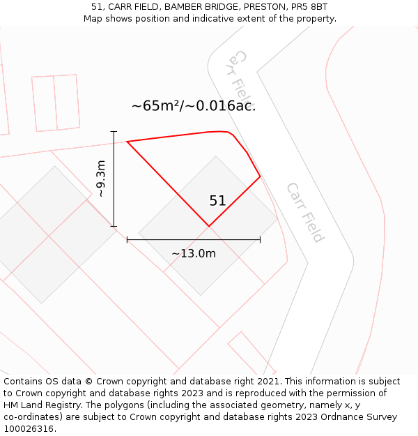 51, CARR FIELD, BAMBER BRIDGE, PRESTON, PR5 8BT: Plot and title map