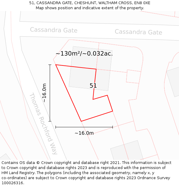 51, CASSANDRA GATE, CHESHUNT, WALTHAM CROSS, EN8 0XE: Plot and title map