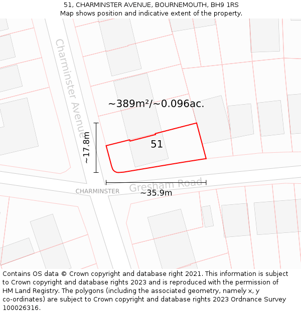 51, CHARMINSTER AVENUE, BOURNEMOUTH, BH9 1RS: Plot and title map