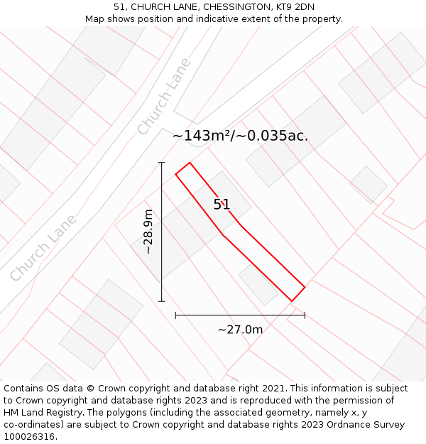 51, CHURCH LANE, CHESSINGTON, KT9 2DN: Plot and title map