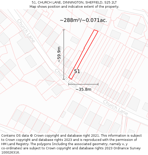 51, CHURCH LANE, DINNINGTON, SHEFFIELD, S25 2LT: Plot and title map