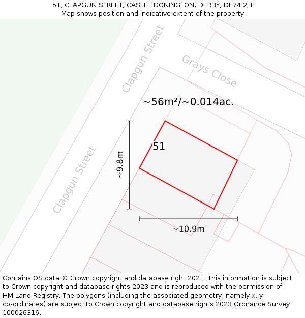 51, CLAPGUN STREET, CASTLE DONINGTON, DERBY, DE74 2LF: Plot and title map