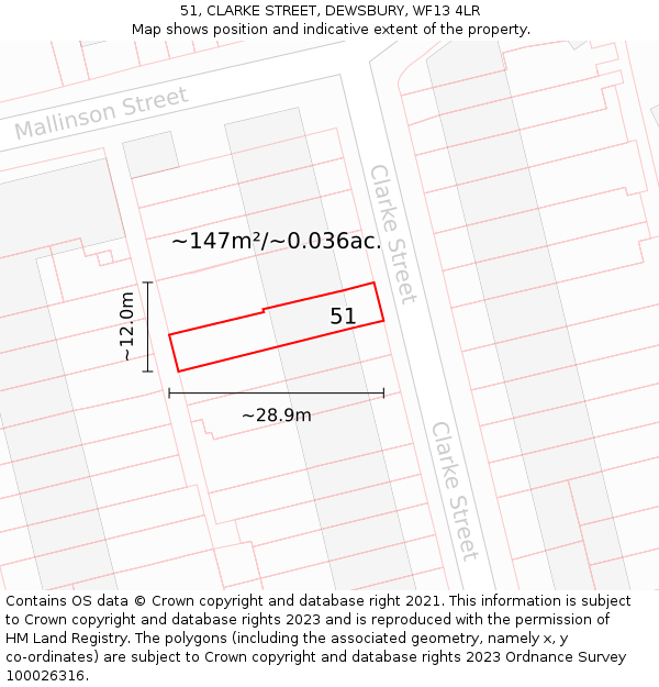 51, CLARKE STREET, DEWSBURY, WF13 4LR: Plot and title map