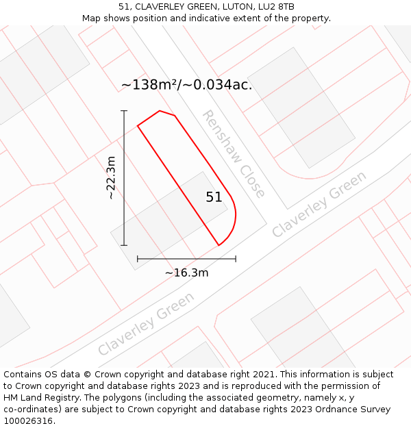 51, CLAVERLEY GREEN, LUTON, LU2 8TB: Plot and title map