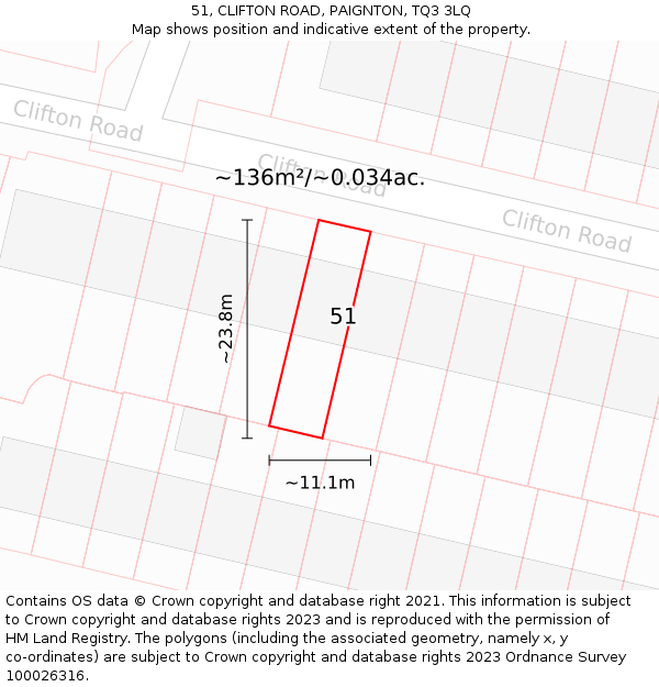 51, CLIFTON ROAD, PAIGNTON, TQ3 3LQ: Plot and title map
