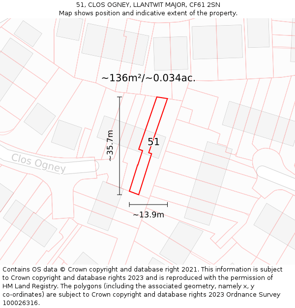 51, CLOS OGNEY, LLANTWIT MAJOR, CF61 2SN: Plot and title map