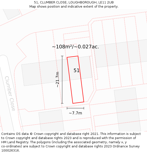 51, CLUMBER CLOSE, LOUGHBOROUGH, LE11 2UB: Plot and title map