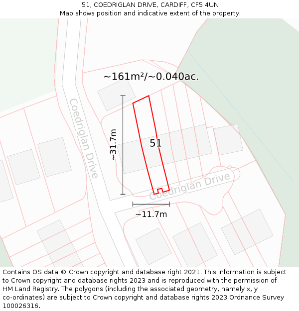 51, COEDRIGLAN DRIVE, CARDIFF, CF5 4UN: Plot and title map