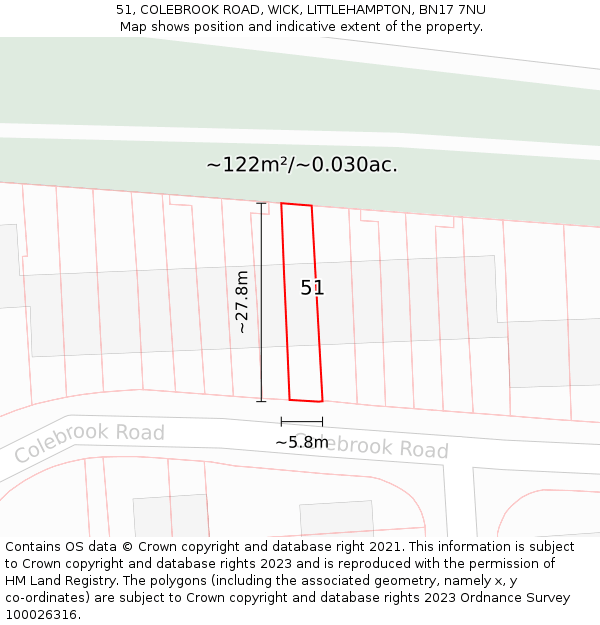 51, COLEBROOK ROAD, WICK, LITTLEHAMPTON, BN17 7NU: Plot and title map