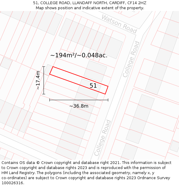 51, COLLEGE ROAD, LLANDAFF NORTH, CARDIFF, CF14 2HZ: Plot and title map