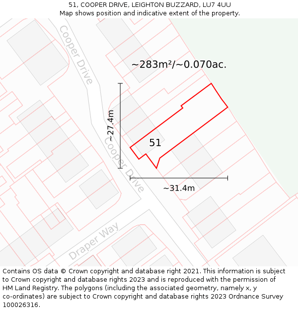 51, COOPER DRIVE, LEIGHTON BUZZARD, LU7 4UU: Plot and title map