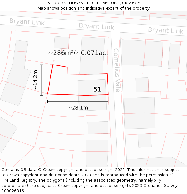 51, CORNELIUS VALE, CHELMSFORD, CM2 6GY: Plot and title map
