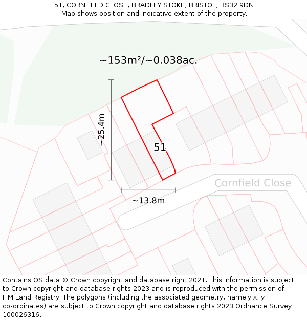 51, CORNFIELD CLOSE, BRADLEY STOKE, BRISTOL, BS32 9DN: Plot and title map