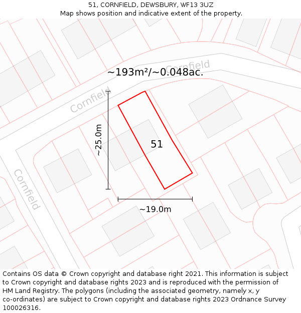 51, CORNFIELD, DEWSBURY, WF13 3UZ: Plot and title map
