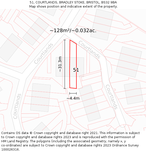 51, COURTLANDS, BRADLEY STOKE, BRISTOL, BS32 9BA: Plot and title map