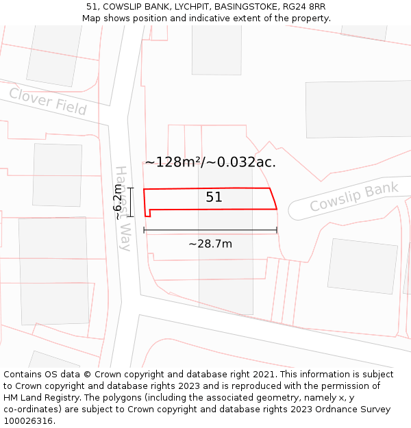 51, COWSLIP BANK, LYCHPIT, BASINGSTOKE, RG24 8RR: Plot and title map