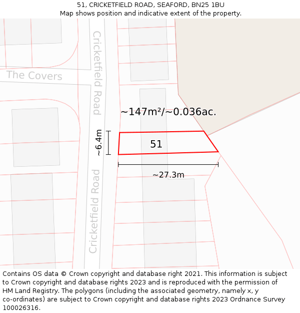 51, CRICKETFIELD ROAD, SEAFORD, BN25 1BU: Plot and title map