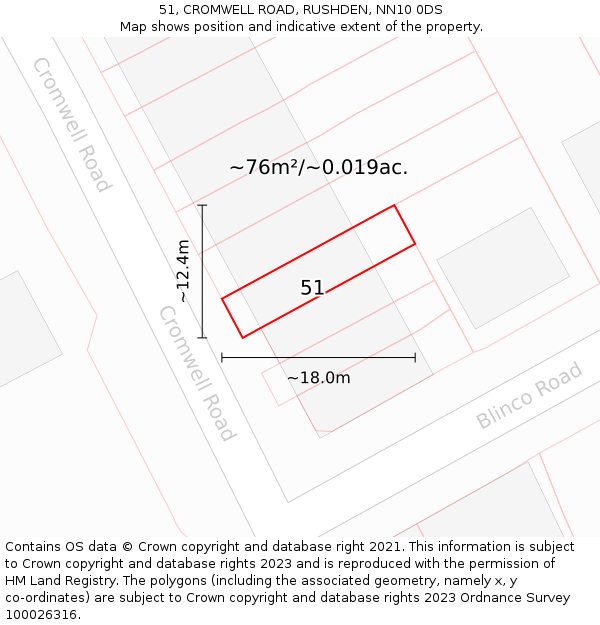51, CROMWELL ROAD, RUSHDEN, NN10 0DS: Plot and title map
