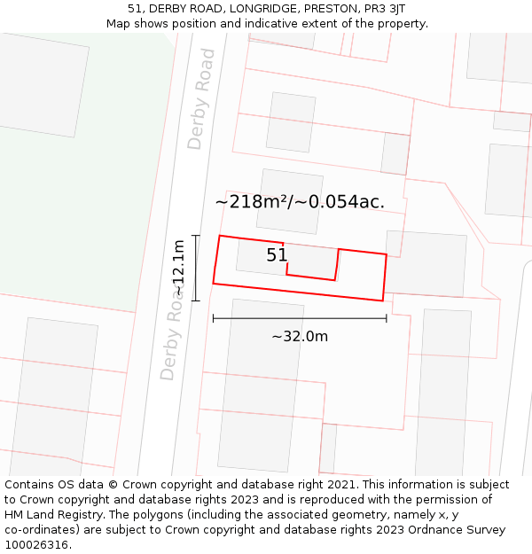 51, DERBY ROAD, LONGRIDGE, PRESTON, PR3 3JT: Plot and title map
