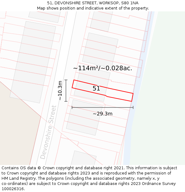 51, DEVONSHIRE STREET, WORKSOP, S80 1NA: Plot and title map