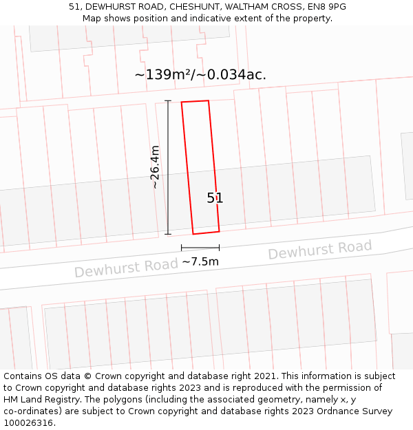51, DEWHURST ROAD, CHESHUNT, WALTHAM CROSS, EN8 9PG: Plot and title map