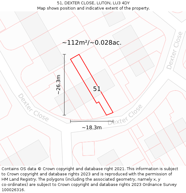 51, DEXTER CLOSE, LUTON, LU3 4DY: Plot and title map