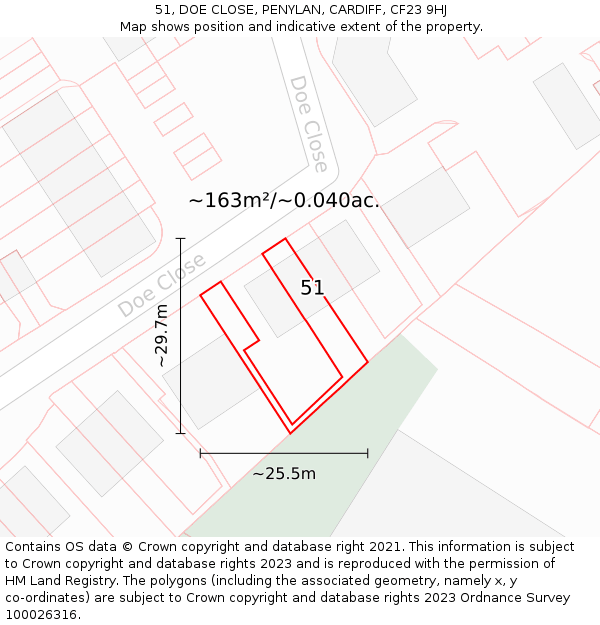 51, DOE CLOSE, PENYLAN, CARDIFF, CF23 9HJ: Plot and title map