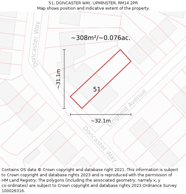 51, DONCASTER WAY, UPMINSTER, RM14 2PR: Plot and title map
