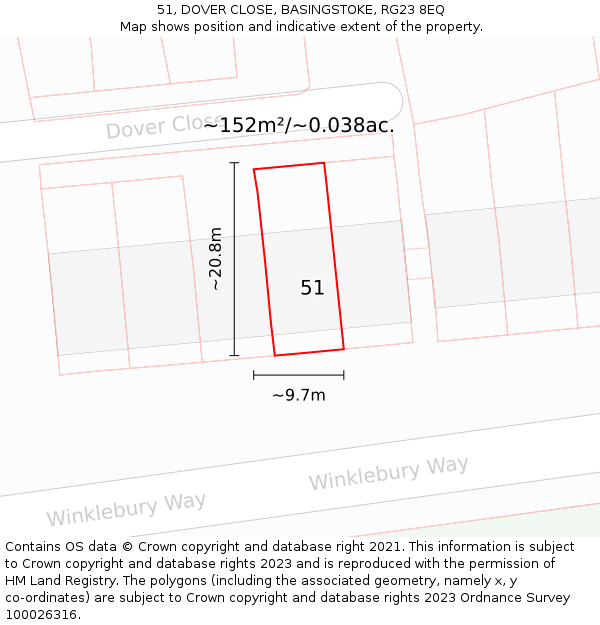 51, DOVER CLOSE, BASINGSTOKE, RG23 8EQ: Plot and title map