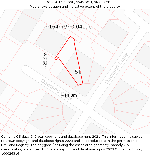 51, DOWLAND CLOSE, SWINDON, SN25 2GD: Plot and title map