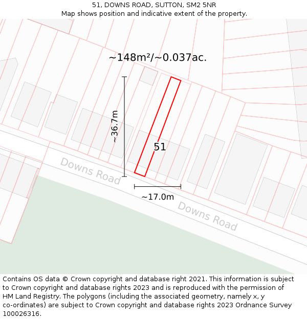 51, DOWNS ROAD, SUTTON, SM2 5NR: Plot and title map
