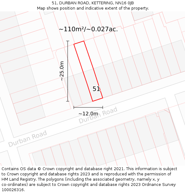 51, DURBAN ROAD, KETTERING, NN16 0JB: Plot and title map