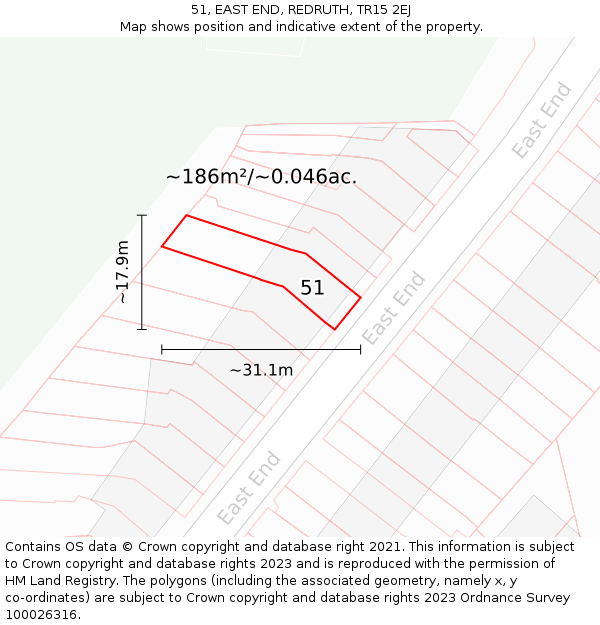 51, EAST END, REDRUTH, TR15 2EJ: Plot and title map