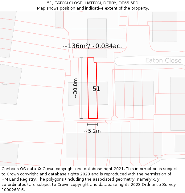 51, EATON CLOSE, HATTON, DERBY, DE65 5ED: Plot and title map