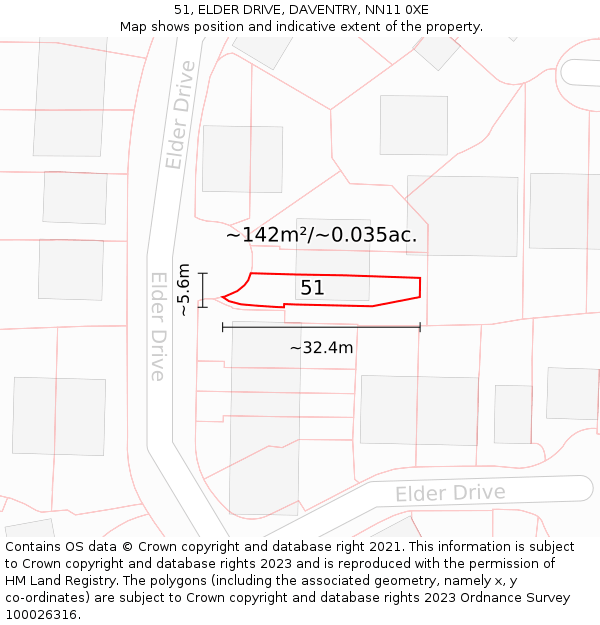51, ELDER DRIVE, DAVENTRY, NN11 0XE: Plot and title map