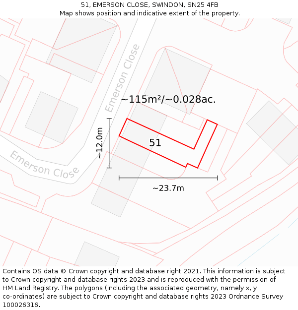 51, EMERSON CLOSE, SWINDON, SN25 4FB: Plot and title map